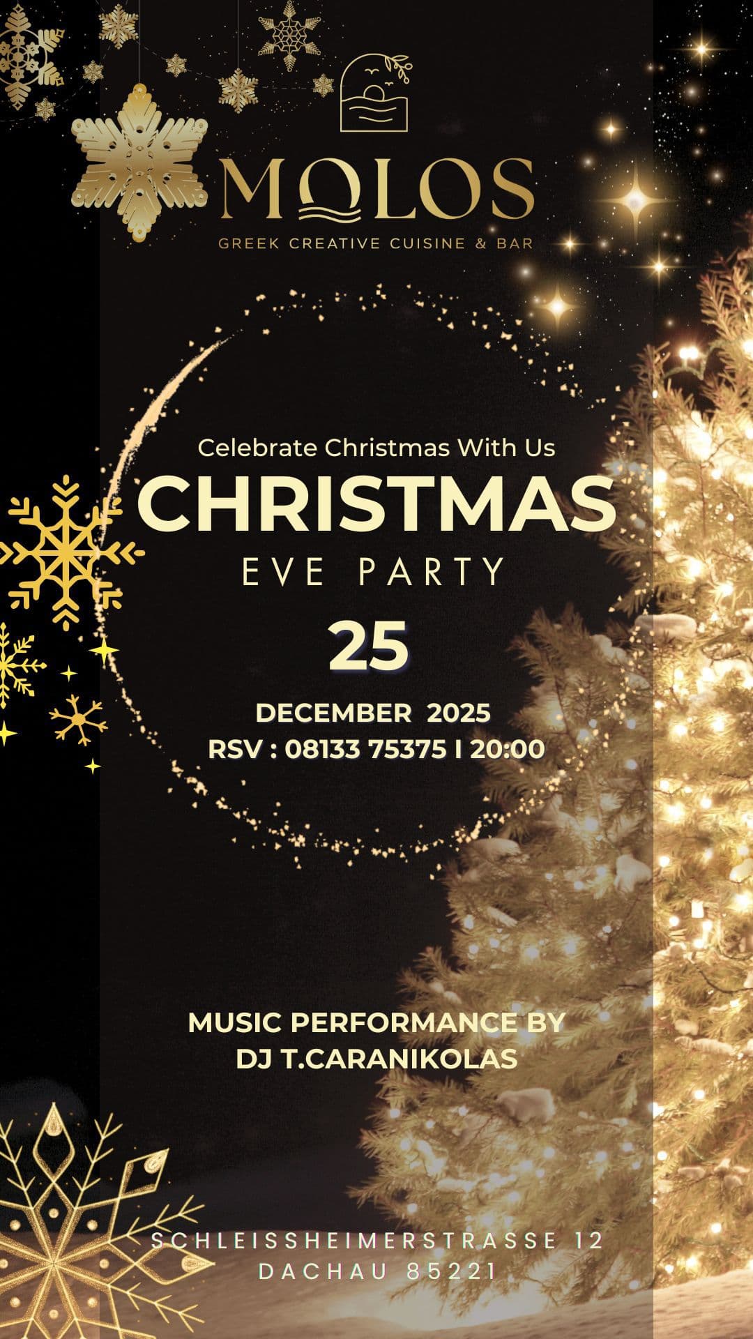 Weihnachtliche Werbung des Molos Restaurant Dachau mit goldenen Schneeflocken – griechische Küche.